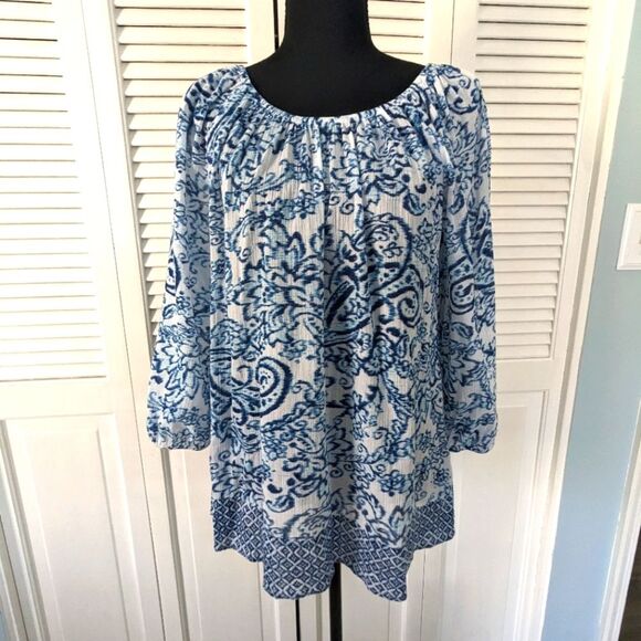 CHAPS Top Women's sz M Blue White Boho Lightweight Paisley Tunic Elastic Flowy - Picture 1 of 10